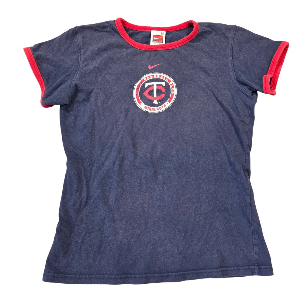 Vintage Nike Team Minnesota Twins Ringer T-Shirt Navy MLB Graphic Tee Womens M